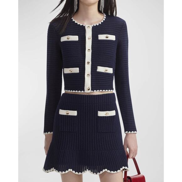 Self-Portrait Blue Cotton Contrast-Trim Cropped Crochet Cardigan Size L - Picture 1 of 4